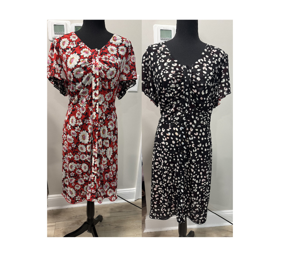 Cabi Gemini Reversible Dress Large Red Floral Black Print Dress Mesh Button